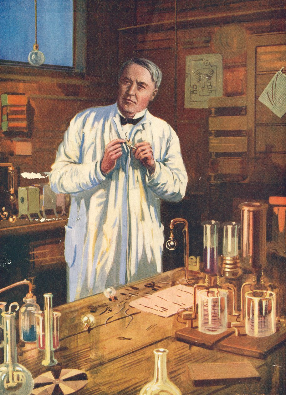 Thomas Edison, americký vynálezce, ve své laboratoři, Menlo Park, New Jersey, USA, 70. léta 20. století od Unbekannt