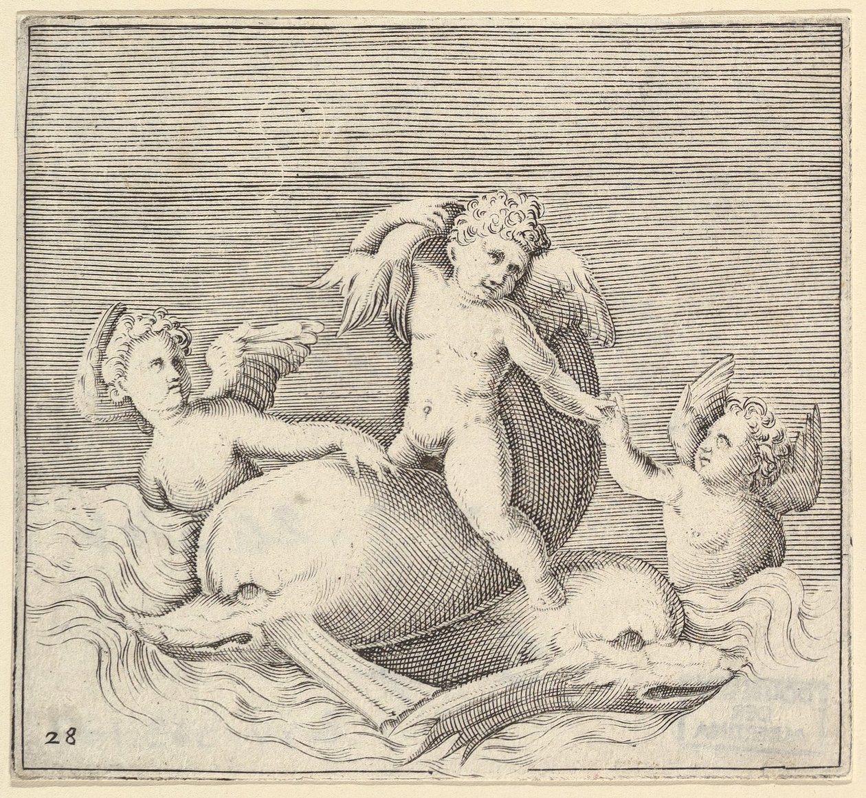 Tři amorové a dva delfíni, publikoval ca. 1599-1622. od Unbekannt