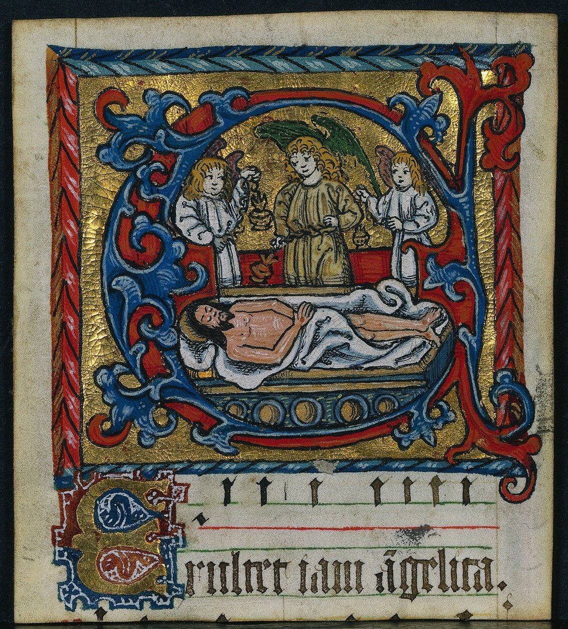 Tři výstřižky z misálu: Iniciála E s anděly z hrobu, c. 1470-1500. od Unbekannt