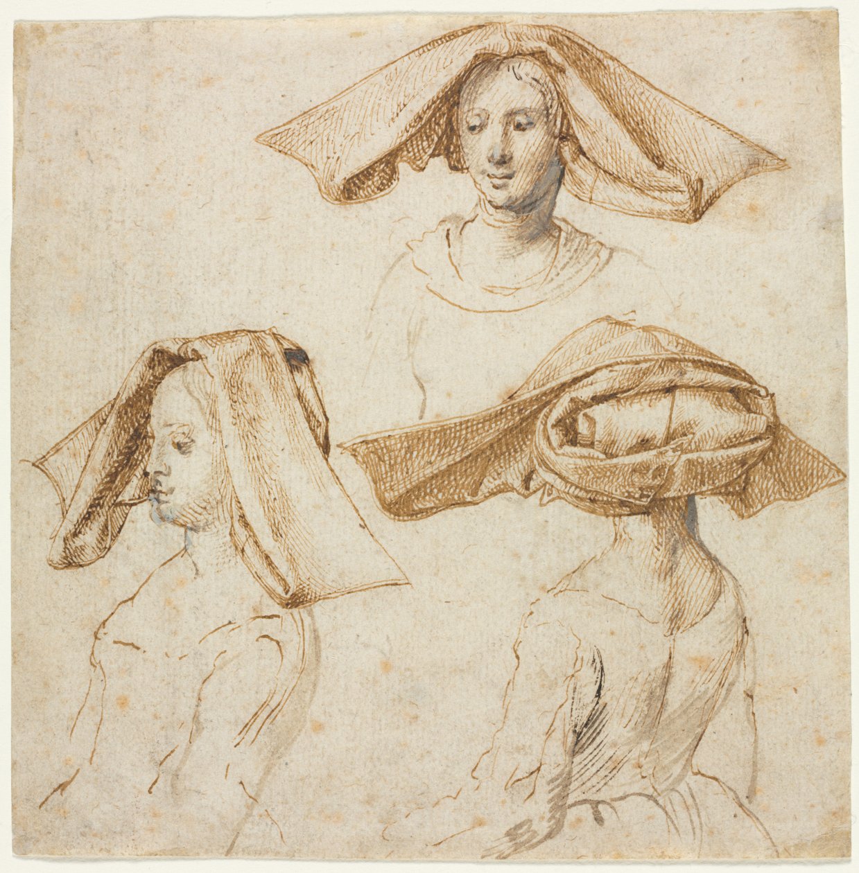 Tři studie ženy s komplikovanou pokrývkou hlavy, c. 1500. od Unbekannt