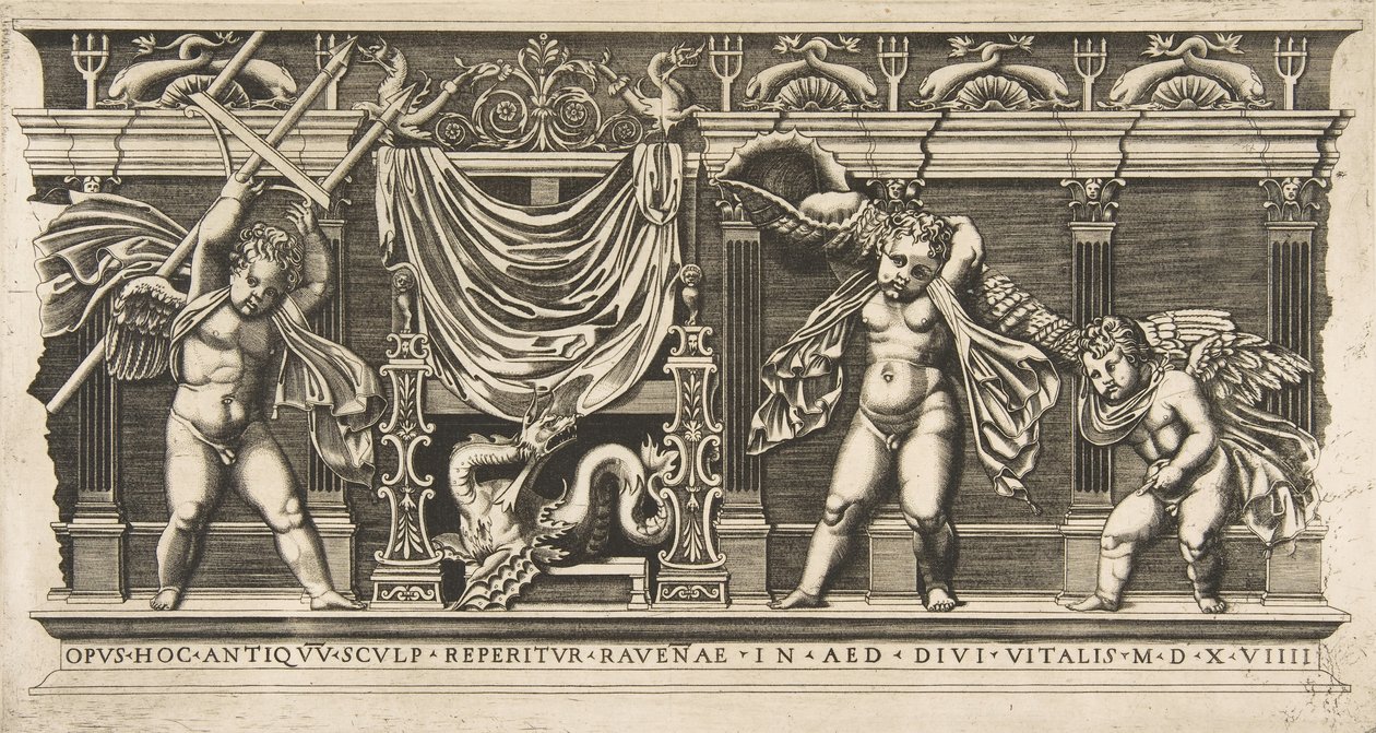 Tři amorové před průčelím s pilastry, jeden drží trojzubec a druhý..., ca. 1515-1600. od Unbekannt