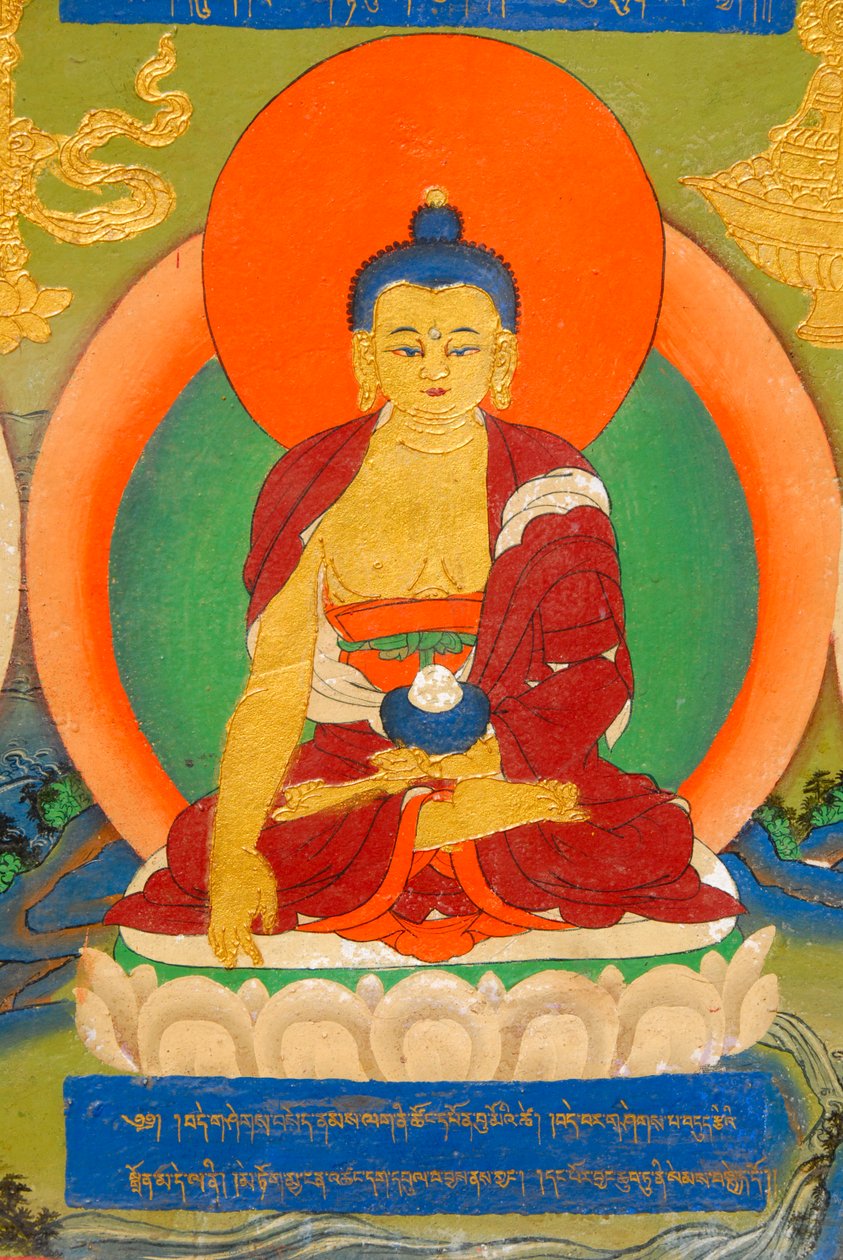 tibetský buddhismus; barevná nástěnná malba zobrazující Buddhu v meditaci; Bhumisparsha Mudra; Bhumisparshamudra svolávající matku Zemi; Palác Panchen Llama; klášter Tashilhunpo; Shigatse; Himaláje; Tibetská autonomní oblast; Čínská lidová republika; Asi od Unbekannt