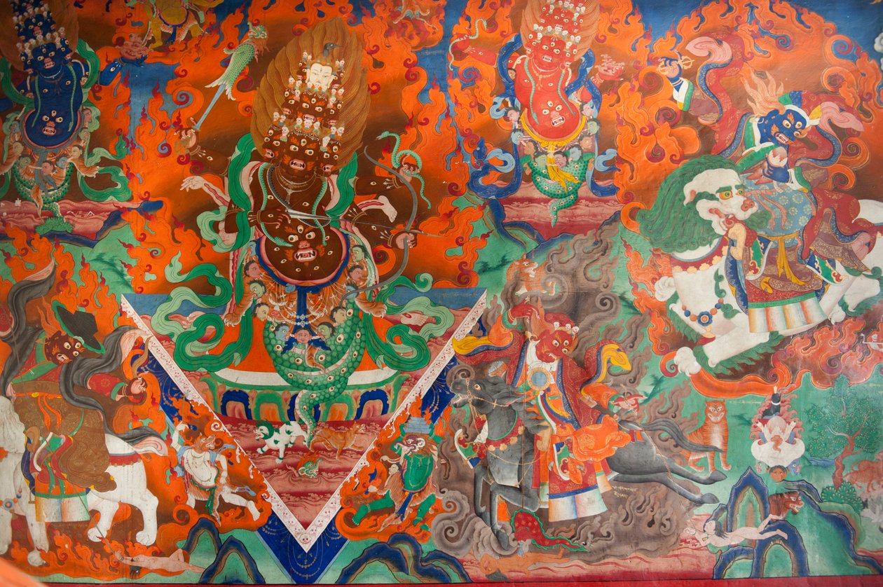 tibetský buddhismus; stará nástěnná malba v montážní hale; démon bojující s luky a šípy; klášter Trakthok Gompa; Sakti poblíž Leh; okres Ladakh; Džammú a Kašmír; Indie; Jížní Asie; Asie od Unbekannt