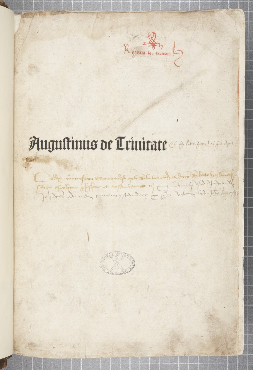 Titulní strana De trinitate a De Civitate Dei cum commento, kterou napsal Augustine z Hippo (pero a inkoust na papíře) od Unbekannt