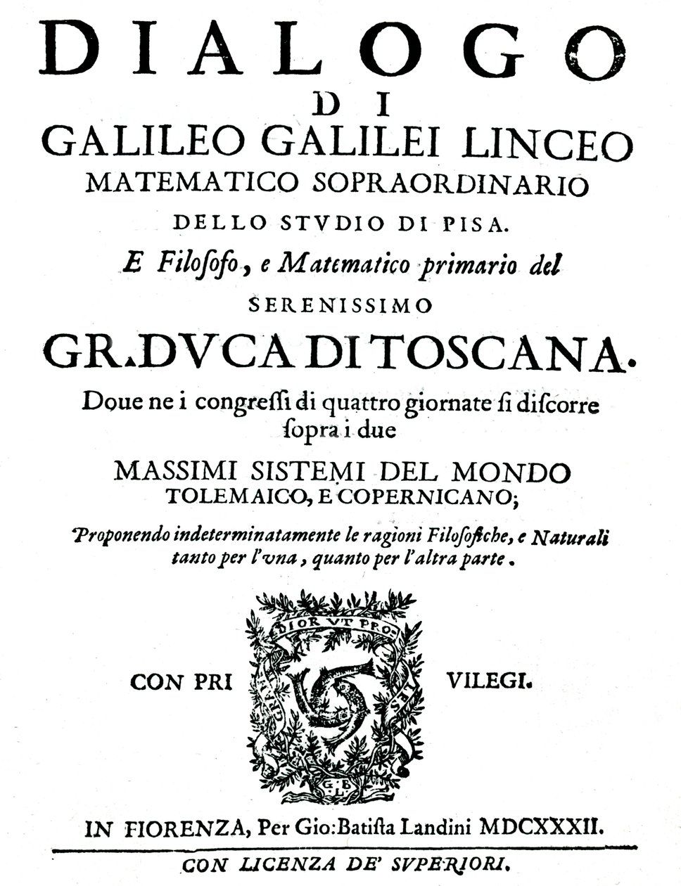 Titulní strana Dialoga, od Galilea, 1632 od Unbekannt