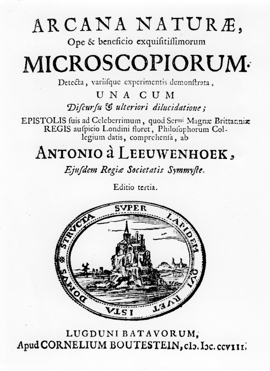 Titulní strana knihy Microscopium od holandského mikroskopu Antona van Leeuwenhoeka, 1708 od Unbekannt