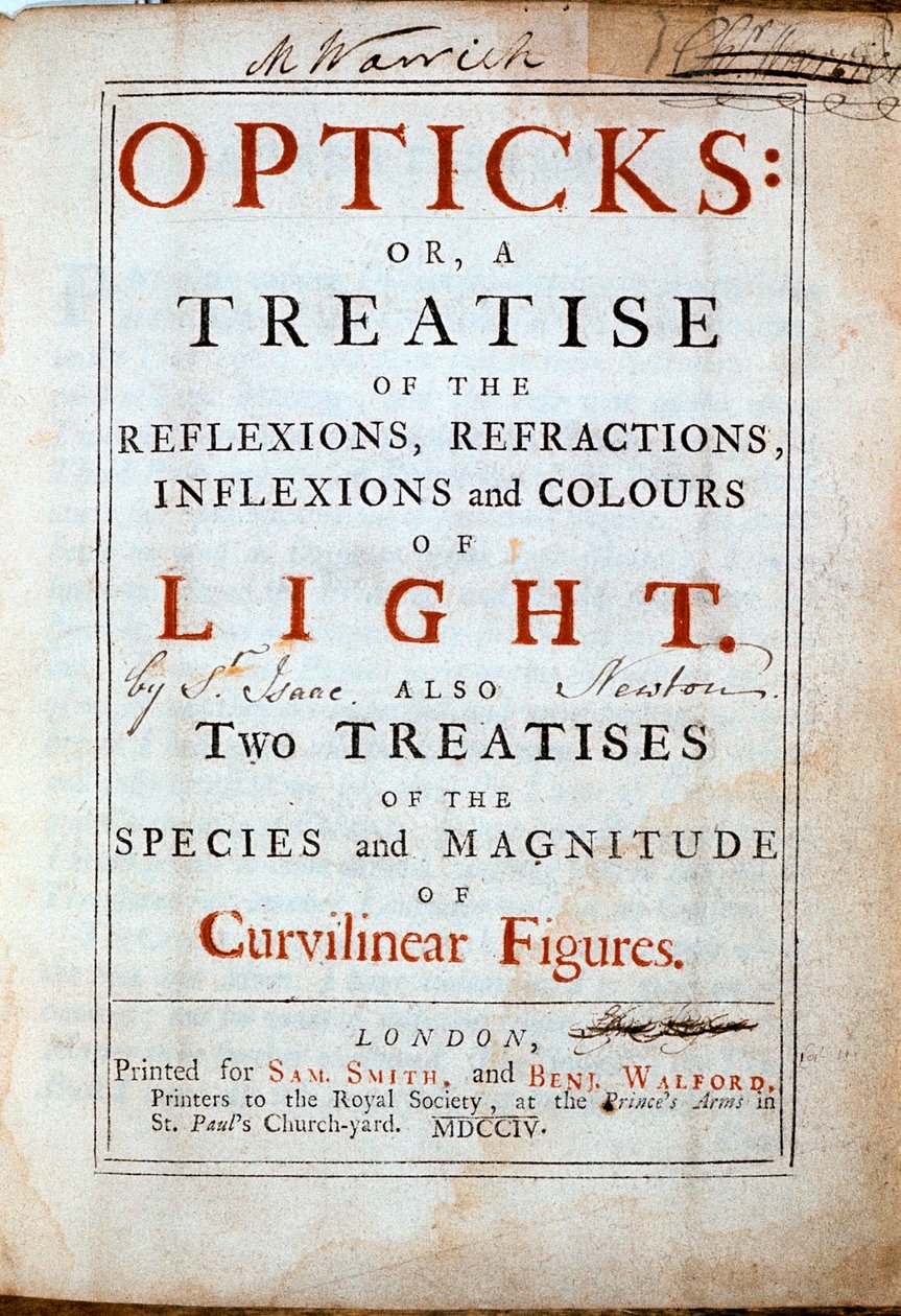 Titulní strana knihy Opticks od anglického vědce a matematika Isaaca Newtona, 1794 od Unbekannt