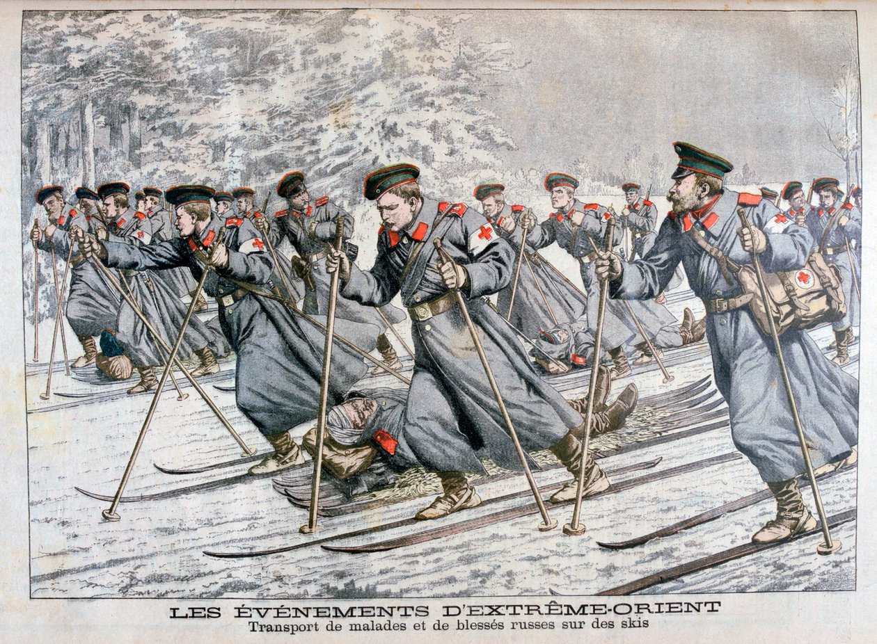 Přeprava nemocných a zraněných ruských vojáků na lyžích, rusko-japonská válka, 1904 od Unbekannt