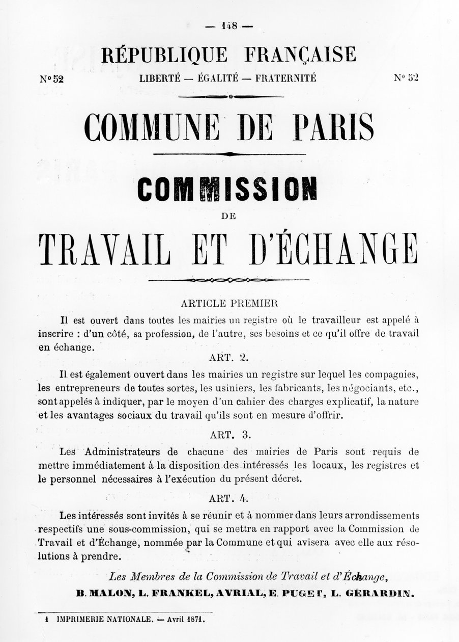 Travail et DEchange, z francouzských politických plakátů Pařížské komuny, květen 1871 od Unbekannt