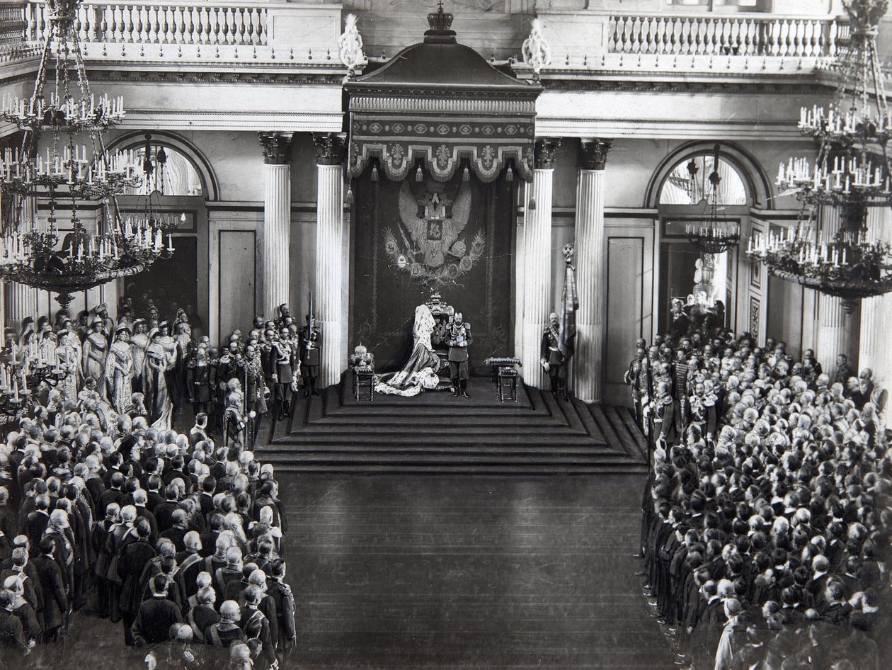 Car Nicholas II mluví při otevření první dumy, Petrohrad, Rusko, 27. dubna 1906 od Unbekannt