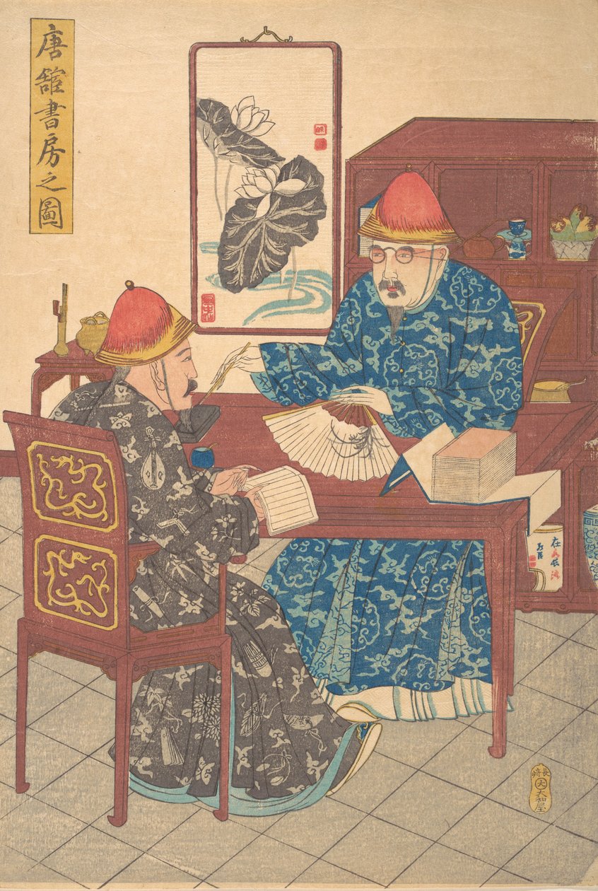 Dva čínští učenci procvičující kaligrafii ve svém studiu, ca. 1840, od Unbekannt