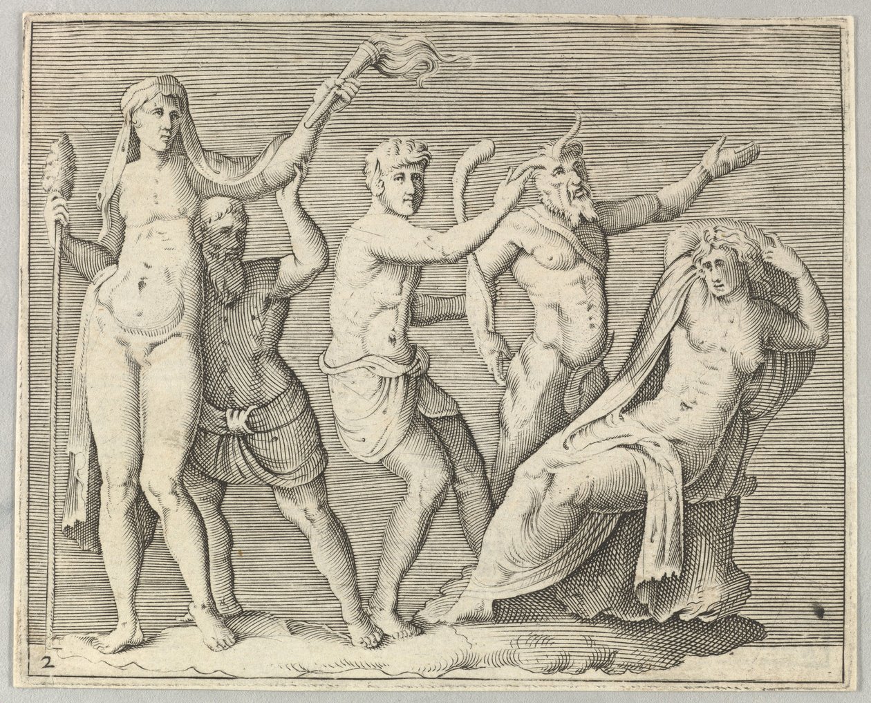 Dvě postavy, Faun a Satyr se blíží k ležící ženě, publikované ca. 1599-1622. od Unbekannt