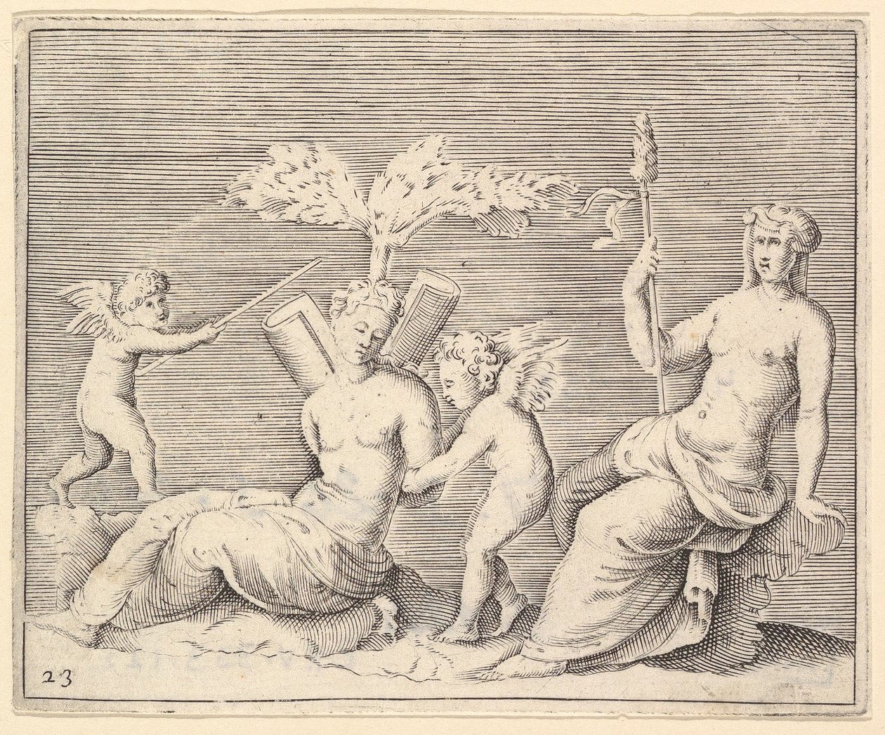 Dvě ženy a dva Cupidové, publikoval ca. 1599-1622. od Unbekannt