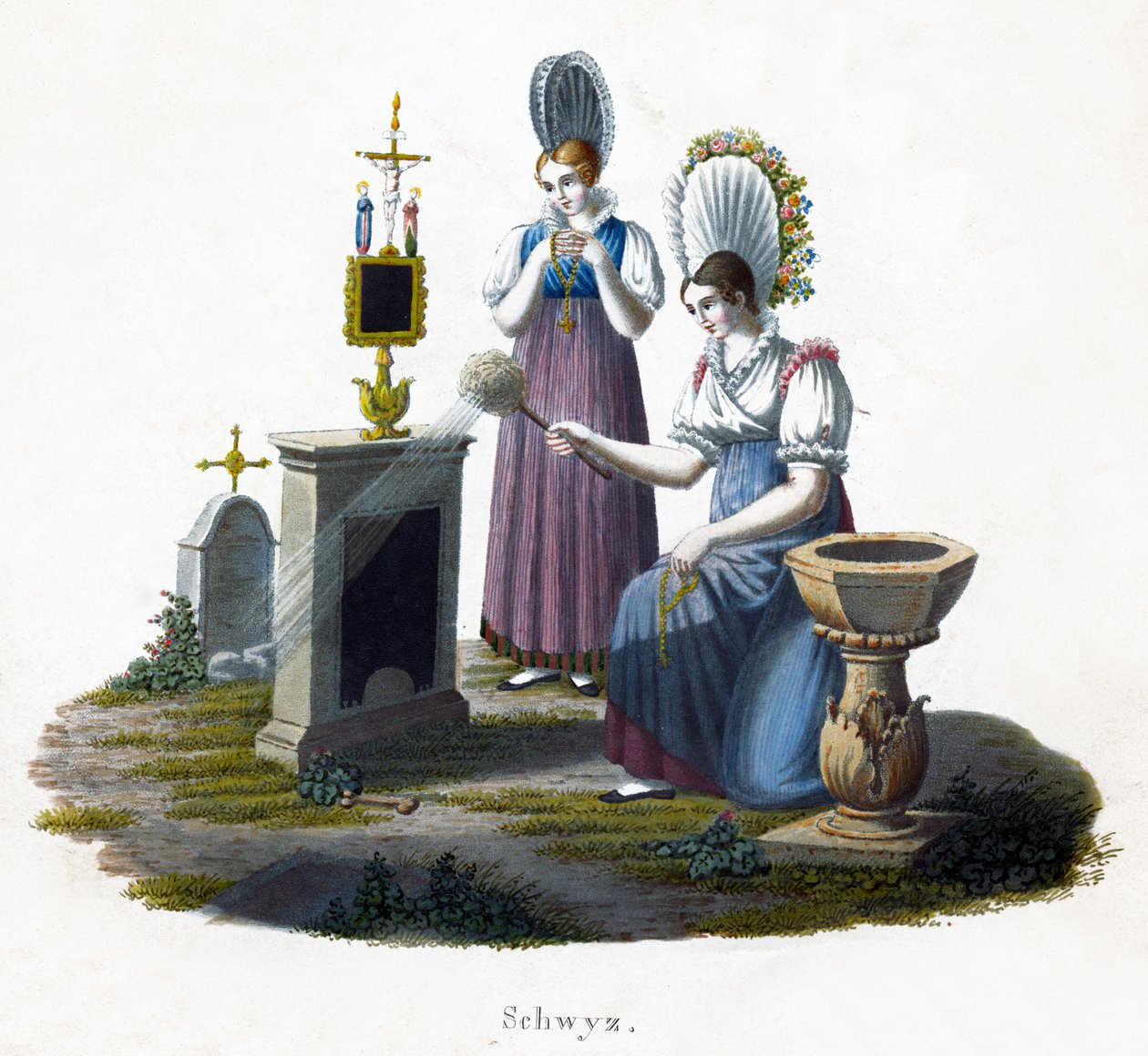 Dvě ženy stojící před náhrobkem na hřbitově, c1800 od Unbekannt