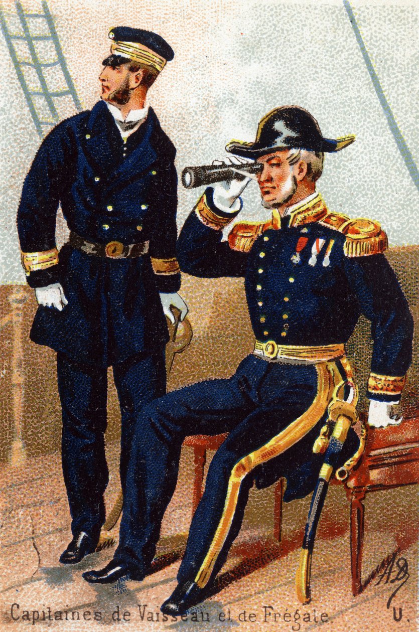 U: Kapitán lodí a fregaty. Rytina ve "vojenské abecedě" . Iniciály ilustrátora: A. D. Neznámý vydavatel. Chromolitografie konce 19. století. Rozměr: 10,5 x 7 cm. od Unbekannt