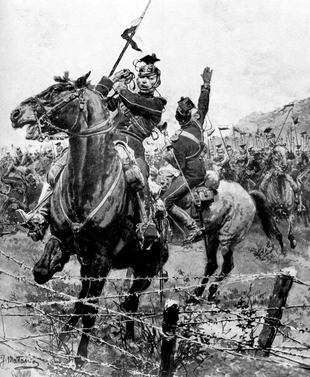 Uhlans zkontrolován ostnatým drátem poblíž Lutychu, Belgie, první světová válka, 1914 od Unbekannt
