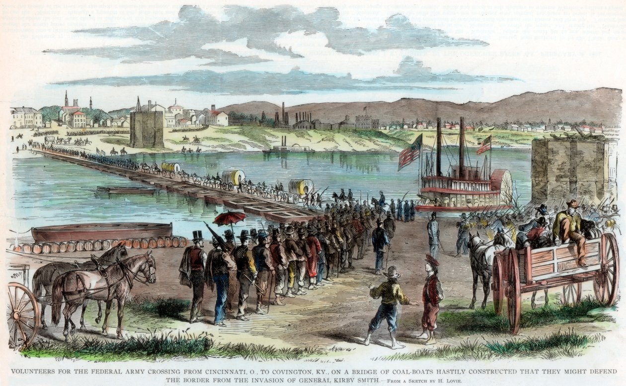 Dobrovolníci z unie překračující řeku Ohio, Cincinnati, Ohio, Americká občanská válka, c1862 od Unbekannt