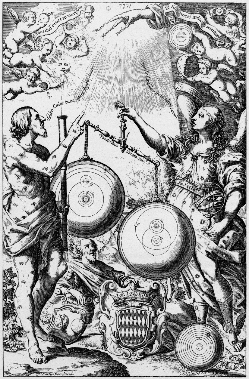Urania, múza astronomie, vážení a porovnávání systémů vesmíru, 1651 od Unbekannt