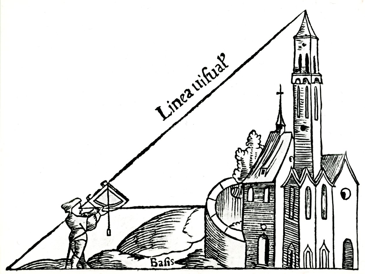 Použití kvadrantu s olovnicí k výpočtu výšky věže triangulací, 1551 od Unbekannt