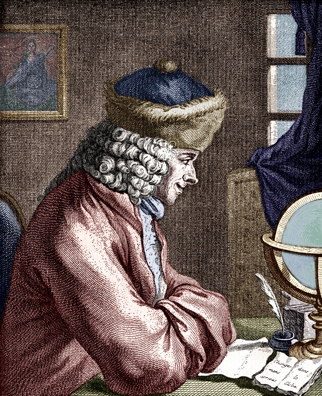 VOLTAIRE, Francois-Marie Arouet - portrét pracujícího Voltaira. Francouzský spisovatel, filozof, dramatik, básník 1694-1778. 18. století rytina. Brk pero od Unbekannt