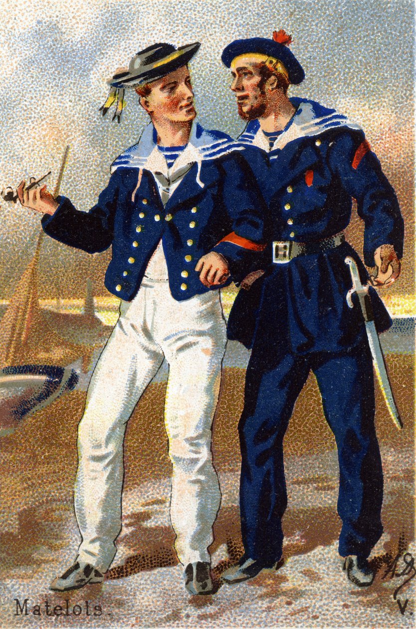 V: Námořníci. Rytina ve "vojenské abecedě" . Iniciály ilustrátora: A. D. Neznámý vydavatel. Chromolitografie konce 19. století. Rozměr: 10,5 x 7 cm. od Unbekannt