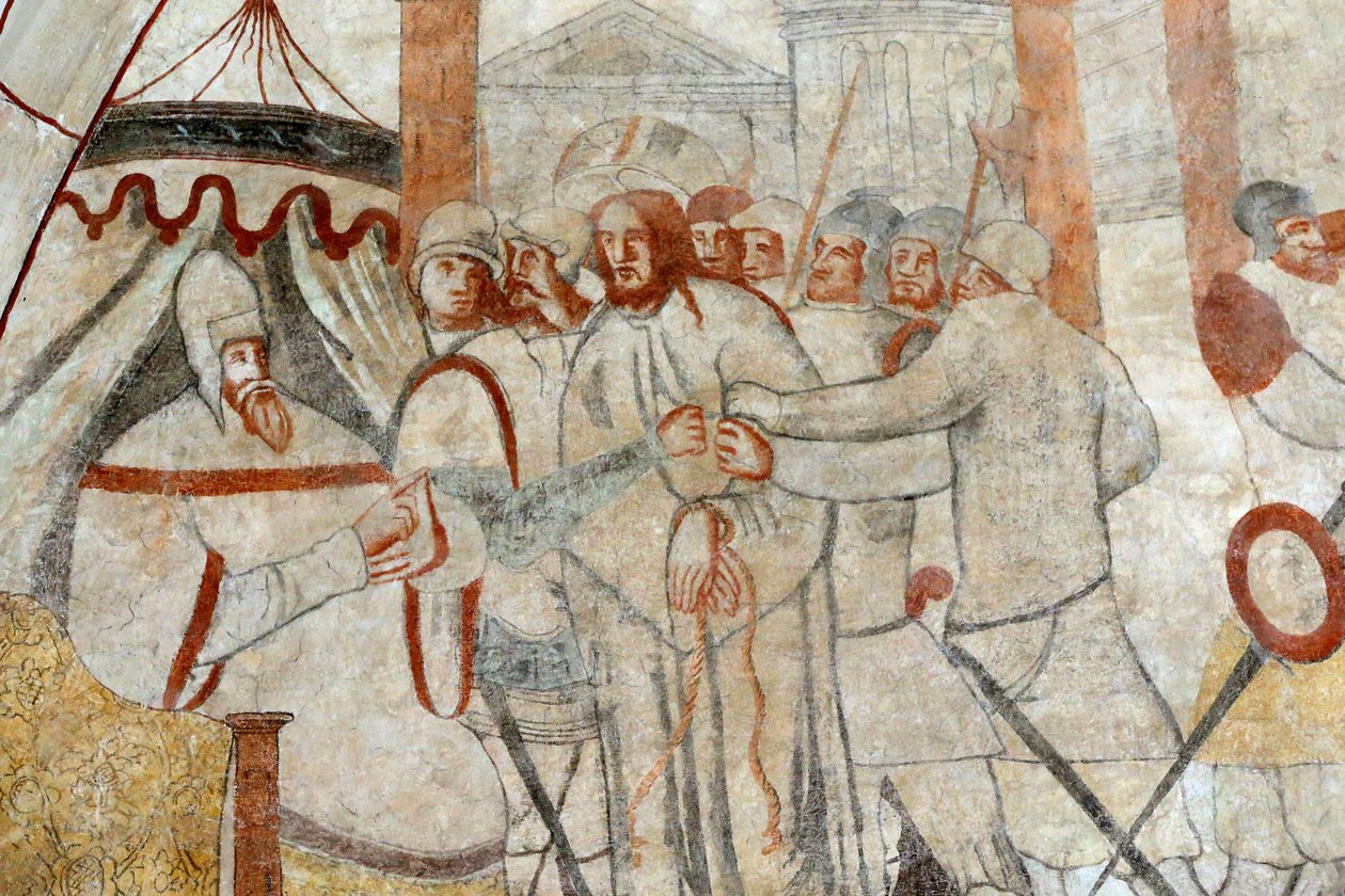 Kostel Vault de Lugny. Nástěnná malba 16. století. Kristus ve svém utrpení. Kristus před Pilátem. Francie Â od Unbekannt