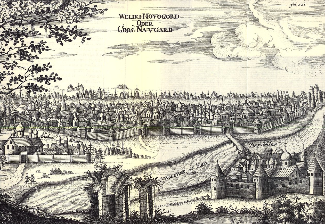 Ilustrace Velikiy Novgorod z Cesty k velkému vévodovi z Muscova a králi Persie od Adama Olearia, 1656 od Unbekannt