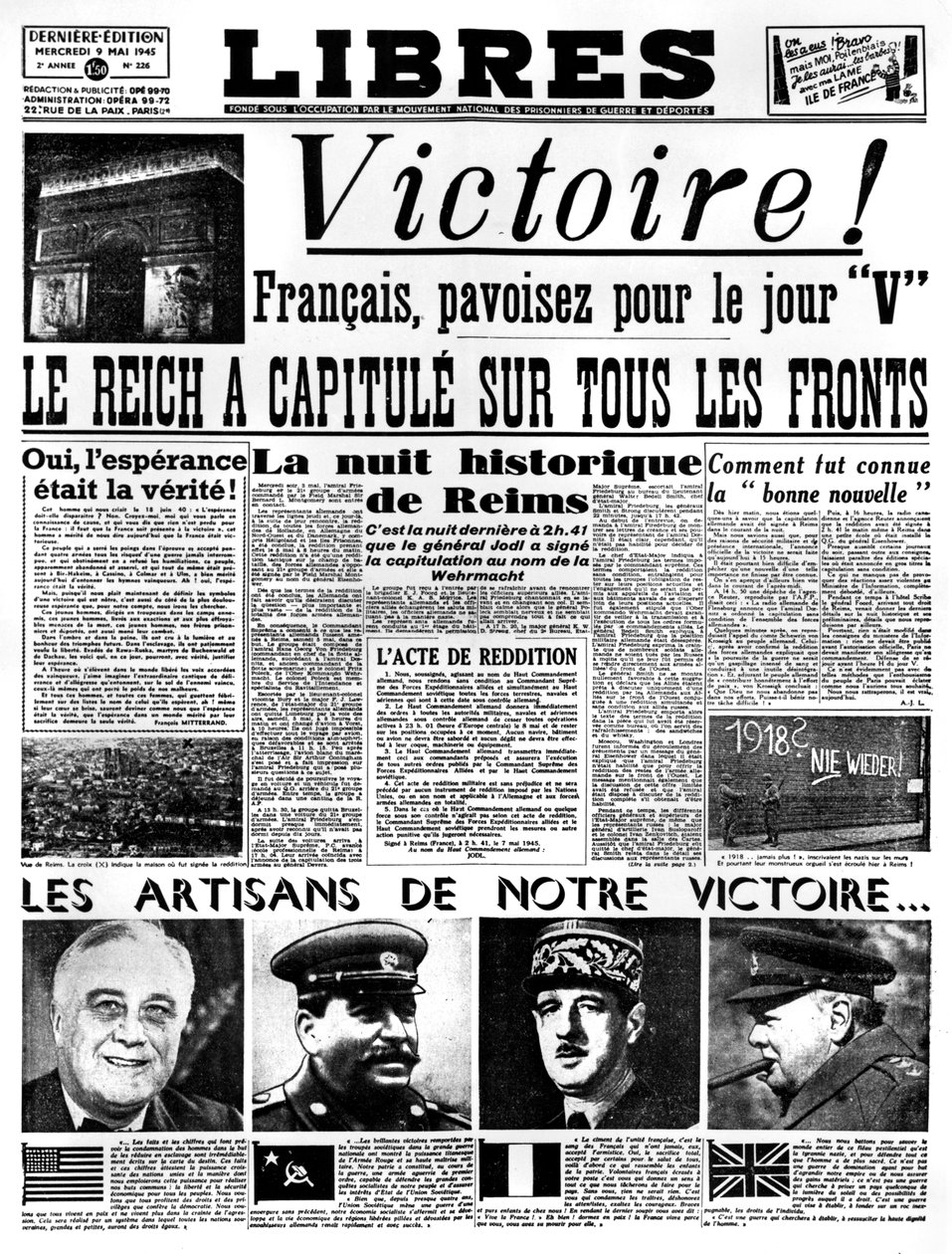 Vítězství!, titulní strana deníku Libres, 9. května 1945 od Unbekannt