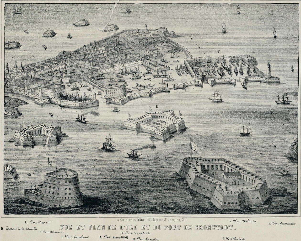 Pohled a plán ostrova a přístavu Kronštadt, c. 1850 od Unbekannt