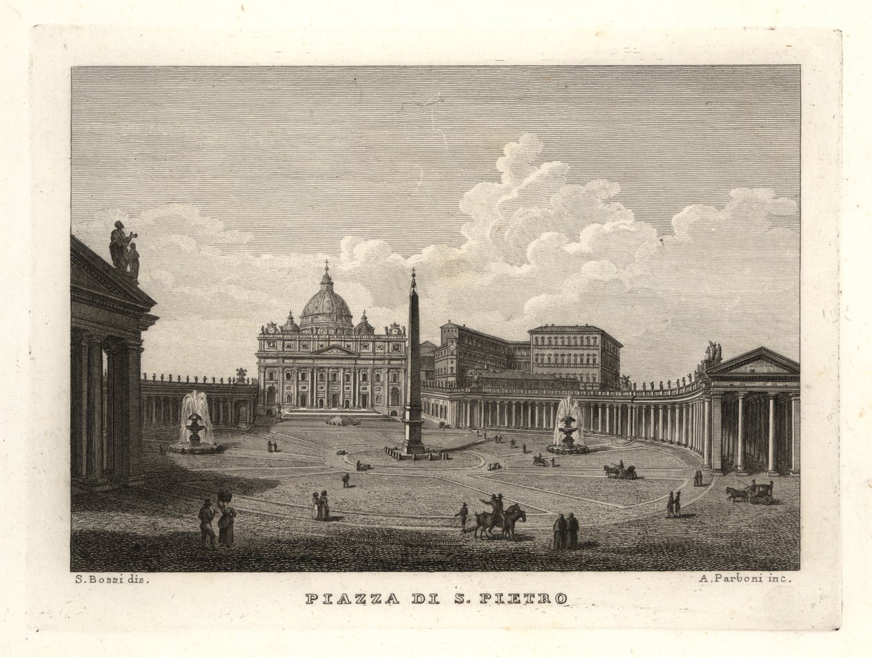 Pohled na náměstí svatého Petra, Piazza di S. Pietro, s bazilikou svatého Petra a staroegyptským obeliskem od Unbekannt