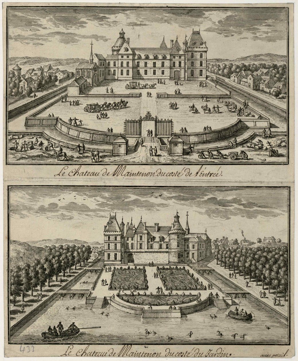 Pohled na Château de Maintenon od vchodu a ze zahrady, 17. století. od Unbekannt