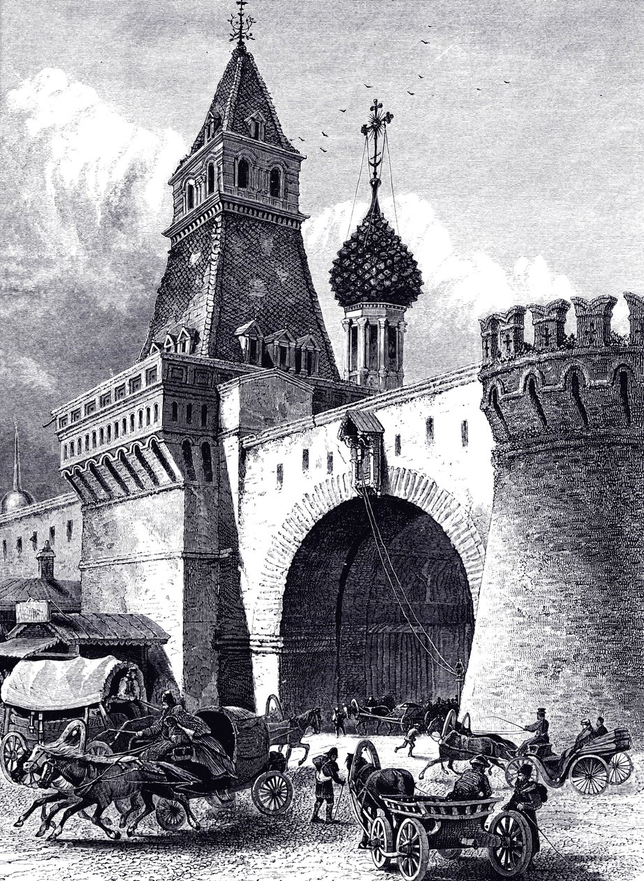 Pohled na Nikolskou věž a zbrojnici v Moskvě, cca 1860 od Unbekannt