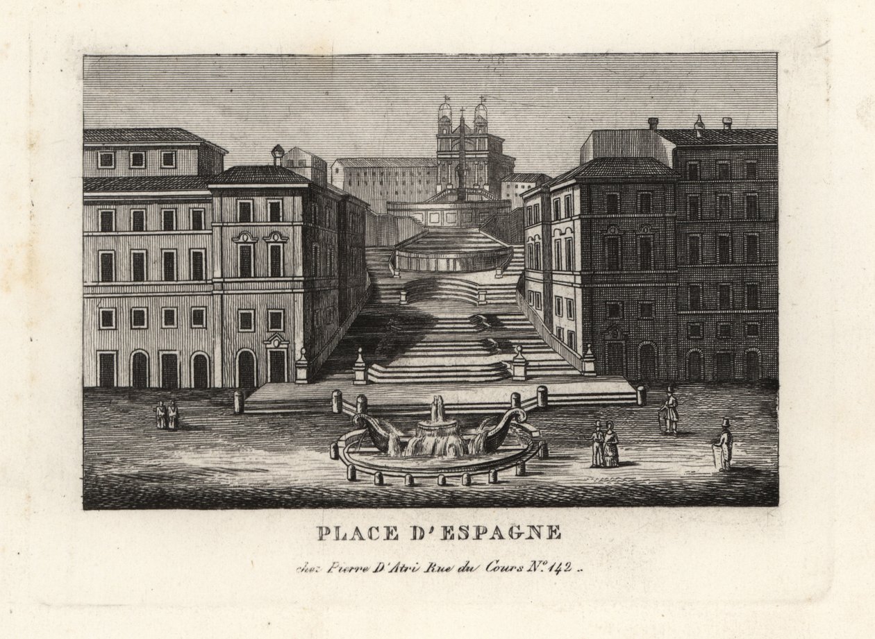 Pohled na Piazza di Spagna, Fontana della Barcaccia, Fontána lodi a Scalinata di Trinita dei Monti, Španělské schody, Řím od Unbekannt