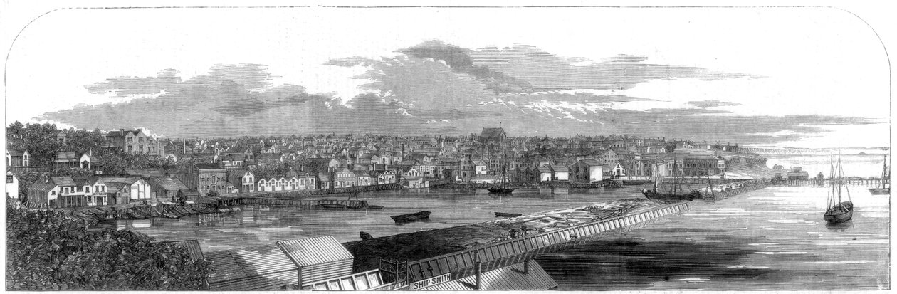 Pohled na město Auckland, Nový Zéland, s novým komerčním nábřežím, 1860 od Unbekannt