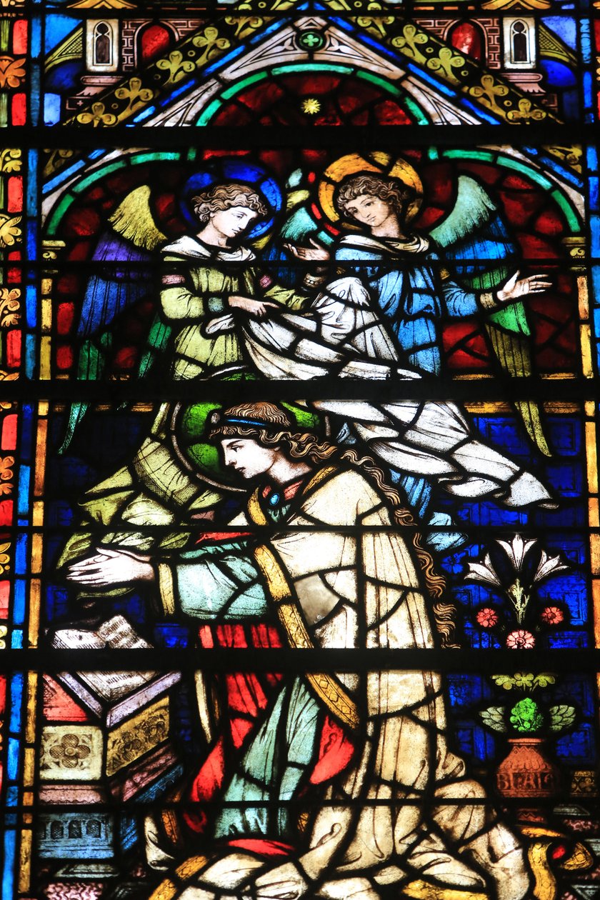 Panna Maria. Podrobnosti. Korunovace Panny. Vitráže od Frantze Mayera de Munick 1884. Kaple Notre Dame de la Ronde. Katedrála svatého Štěpána, Metz, Metz, Francie od Unbekannt