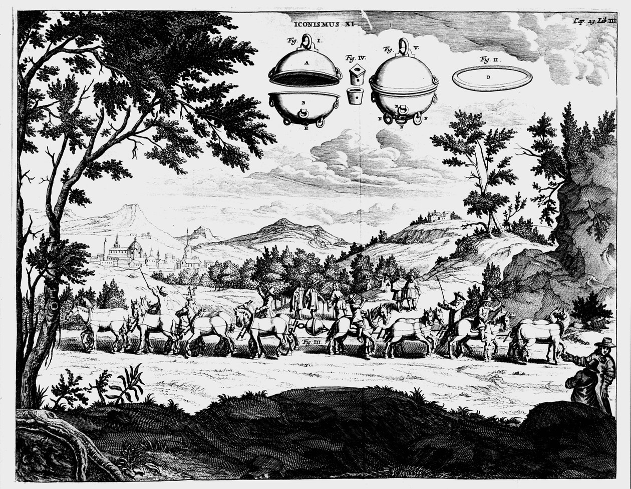 Von Guerikes demonstrace síly tlaku vzduchu, 1672 od Unbekannt