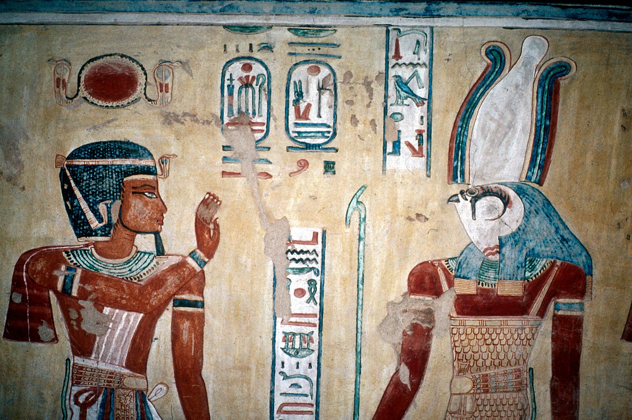 Nástěnná malba Ramsese III. před Horem, Údolí královen, Luxor, Egypt, 12. století před naším letopočtem od Unbekannt