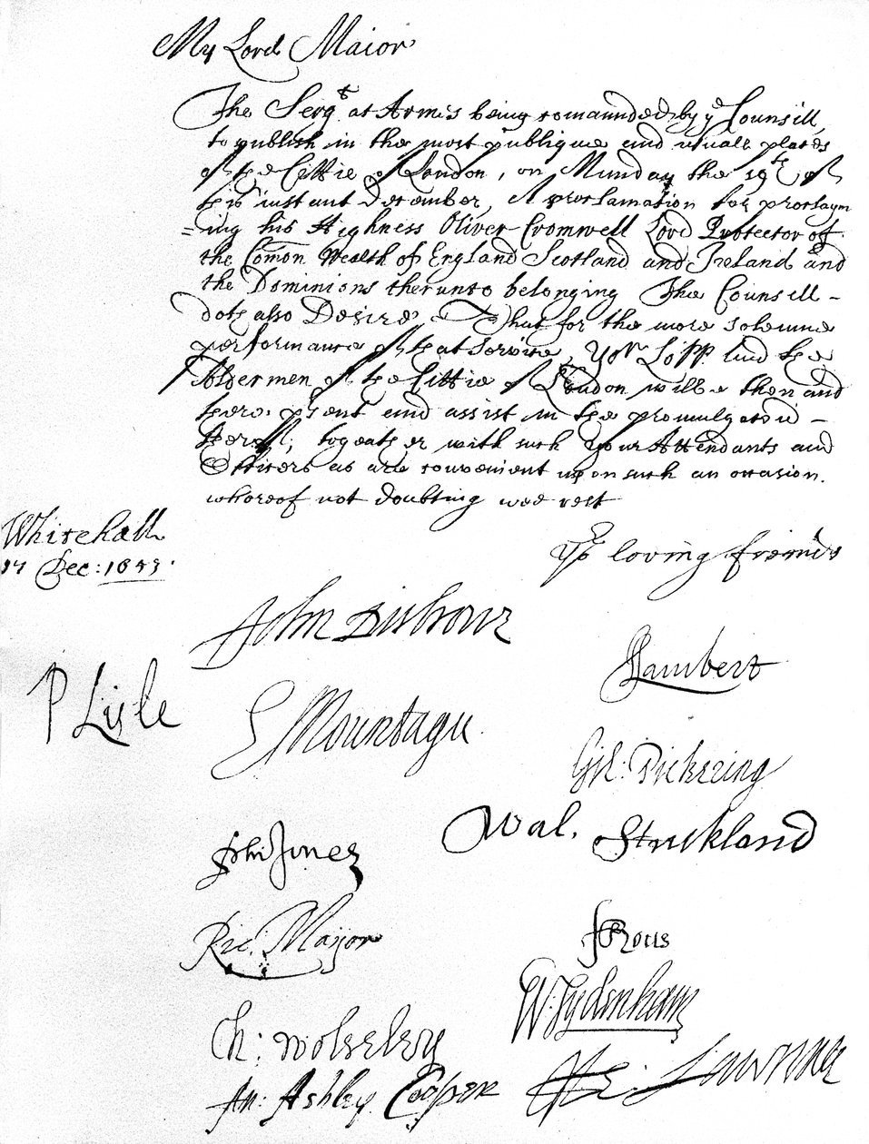 Příkaz Státní rady lordu starostovi Londýna, který si přeje, aby se on a radní zúčastnili vyhlášení Olivera Cromwella lordem protektorem Britského společenství, Skotska, Irska a Dominionů dne 19. prosince od Unbekannt