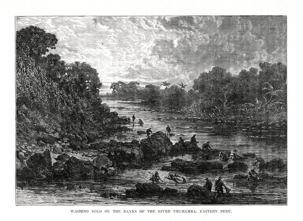 Mytí zlata na březích řeky Urubamba, Peru, 1877 od Unbekannt