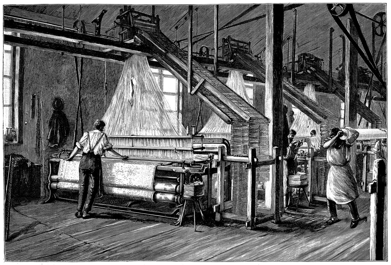 Tkalcovna vybavená žakárovými elektrickými stavy, c1880 od Unbekannt