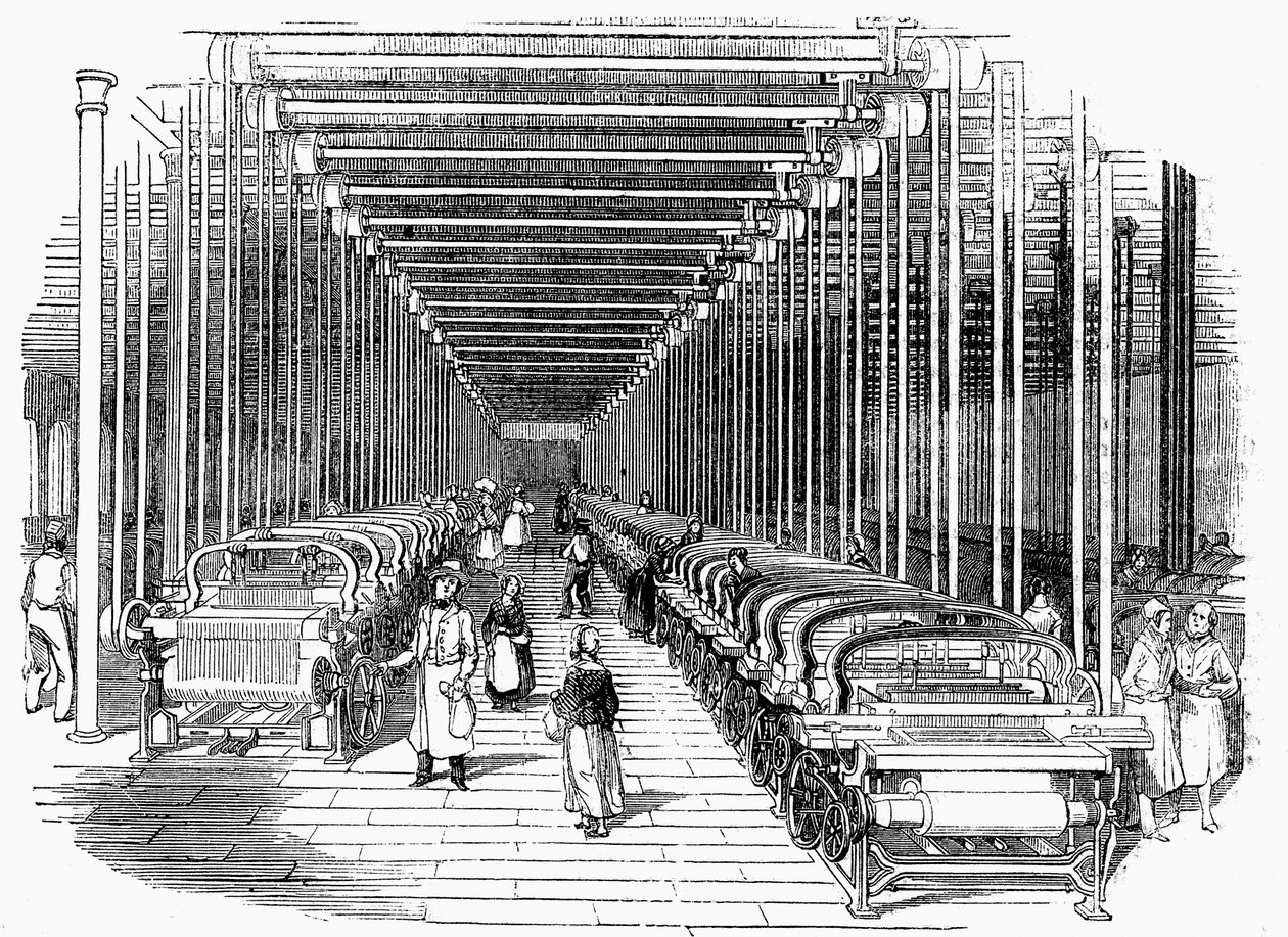 Tkalcovna vybavená řadami elektrických tkalcovských stavů poháněných pásem a hřídelí, c1840 od Unbekannt