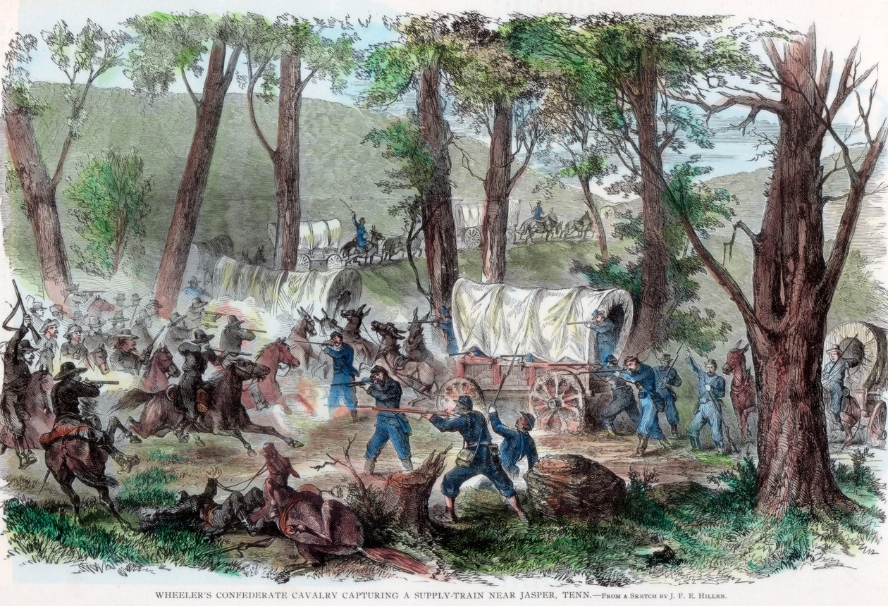 Konfederační kavalérie Wheelers zachytila zásobovací vlak poblíž Jasper, Tennessee, c1863 od Unbekannt