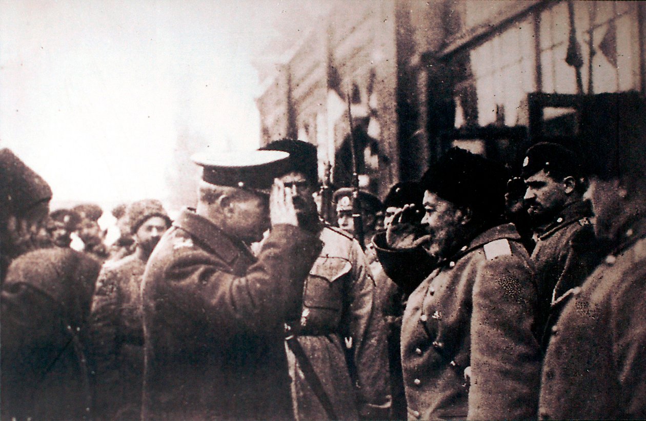Bílý ruský generál Anton Děnikin se setká s britským generálmajorem Frederickem Pooleem, Rusko, 1918 od Unbekannt