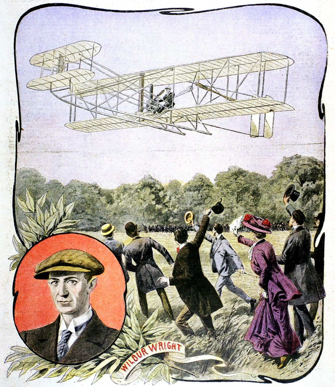 První let Wilbura Wrighta v Evropě na závodní dráze Hunaudieres poblíž Le Mans ve Francii, 1908 od Unbekannt