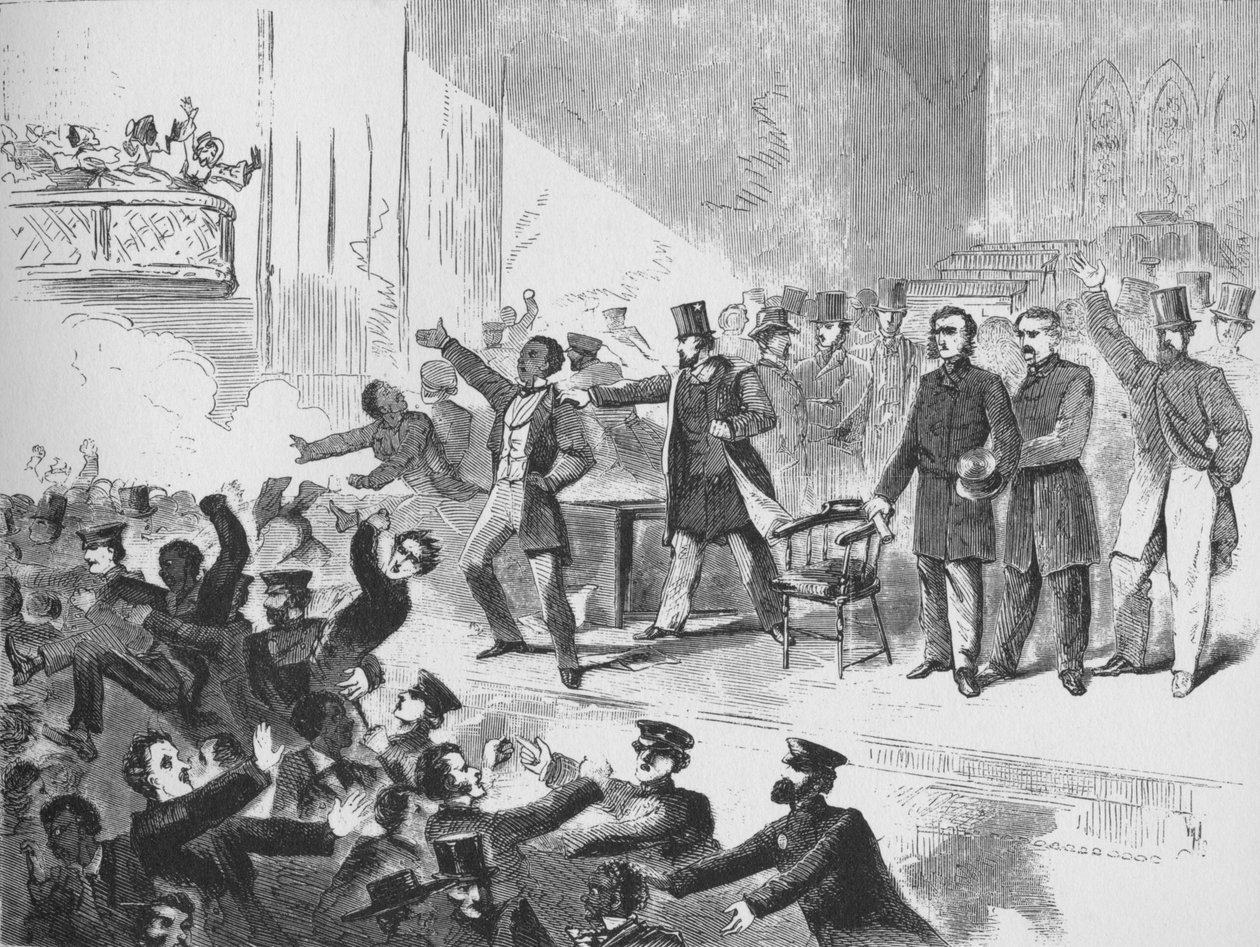 William Lloyd Garrison se snaží uspořádat výroční setkání Johna Browna v Tremont Temple v Bostonu, od Unbekannt