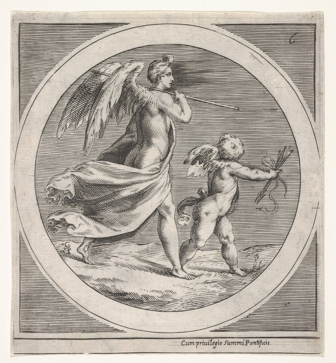 Okřídlená ženská postava, zahalená a nesoucí hůl, kráčející za okřídleným puttem..., ca. 1550-1600. od Unbekannt