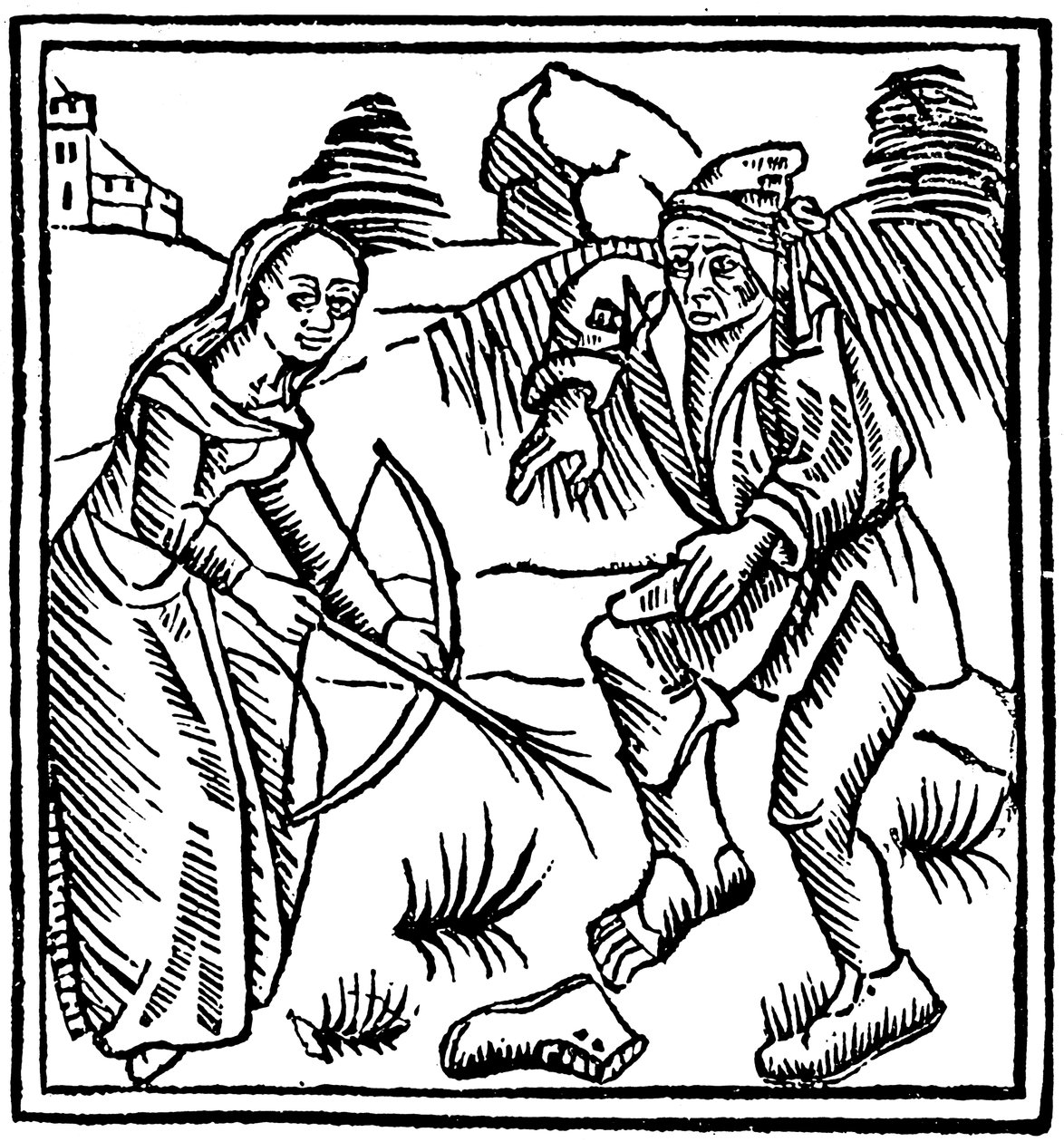 Čarodějnice střílející muže do nohy začarovaným šípem vyrobeným z lískové hůlky, 1489 od Unbekannt
