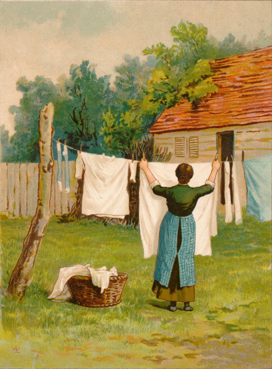 Žena věší prádlo, konec 19.-začátek 20. století od Unbekannt