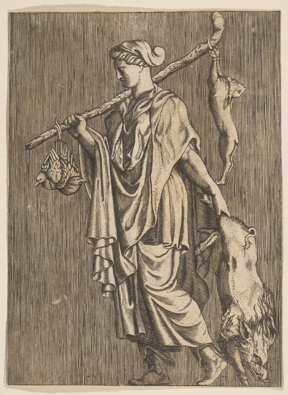 Žena vracející se z lovu nesoucí v levé ruce kance a hůl na r..., ca. 1515-1600. od Unbekannt