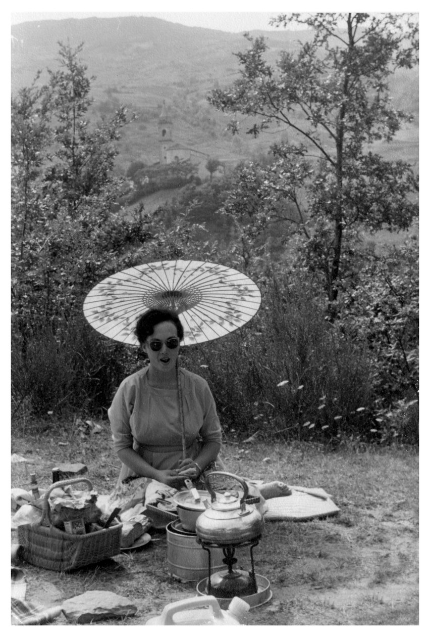 Žena pod slunečníkem na pikniku, c1950-1969 od Unbekannt